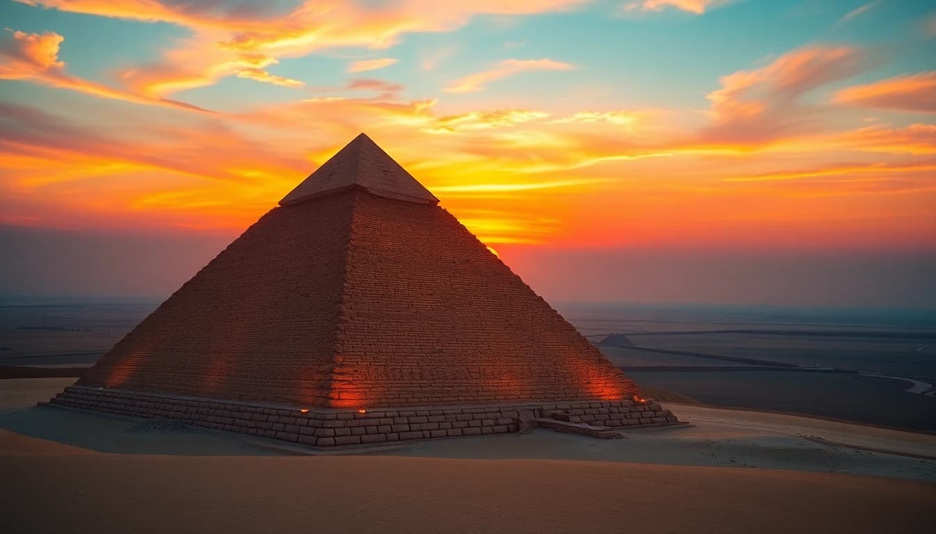 Explore the majestic Great Pyramid of Giza at https://piraminds.com/ during a stunning sunset.