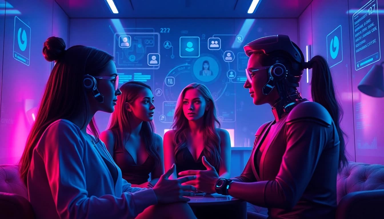 Engaging scene of diverse AI avatars in intimate conversation, representing sex chat AI technology.
