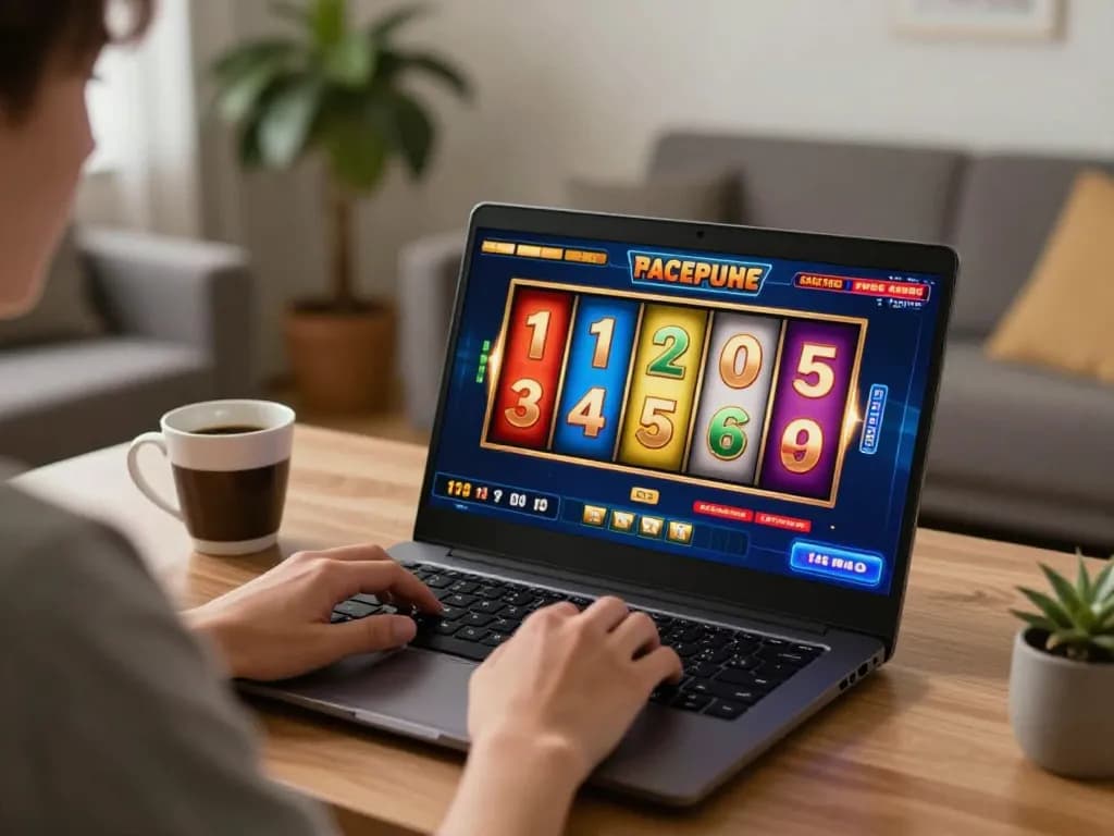 Player spins colorful online slot machine reels in a cozy home environment.