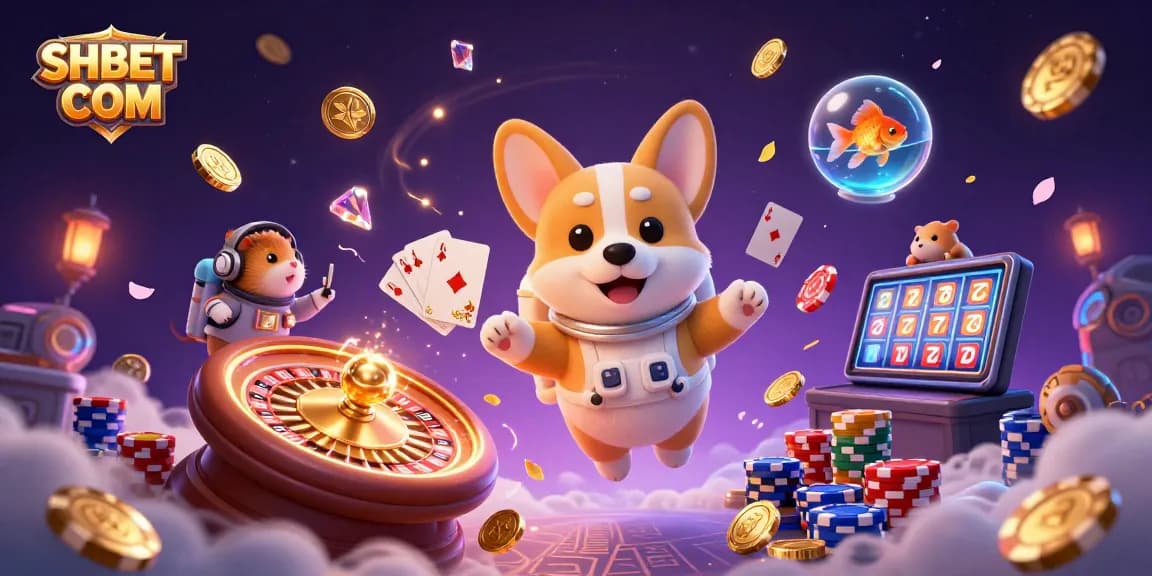 Experience vibrant gaming with SHBET COM in a cosmic casino featuring an astronaut corgi, a hamster, and golden coins.