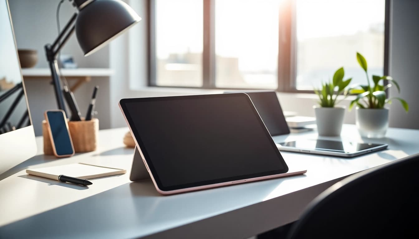 Usando el iPad Mini 6 en un elegante escritorio minimalista rodeado de tecnología avanzada.
