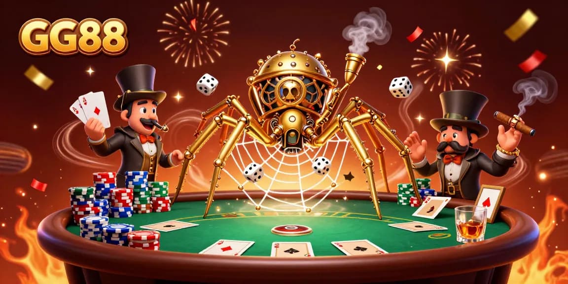 Win big at GG88 with a vibrant steampunk-themed casino illustration showcasing a golden spider and poker elements.