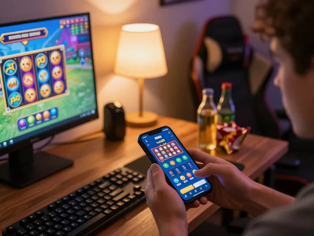 Player enjoying NK88 app gaming on smartphone with interactive slot game visuals in a cozy room.