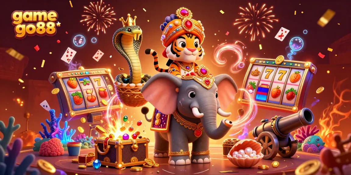Engage with the vibrant world of game go88 as a maharaja rides a jewel-encrusted elephant surrounded by casino elements.