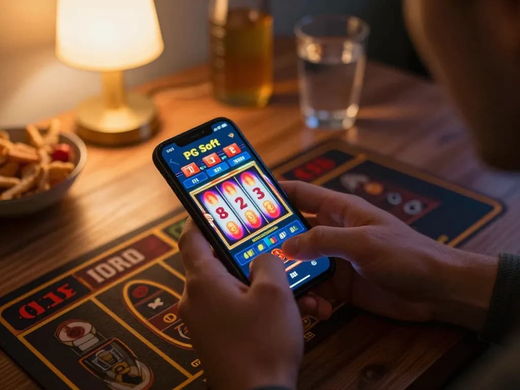 Permainan menarik di aplikasi slot PG Soft, menampilkan gulungan berputar di smartphone.
