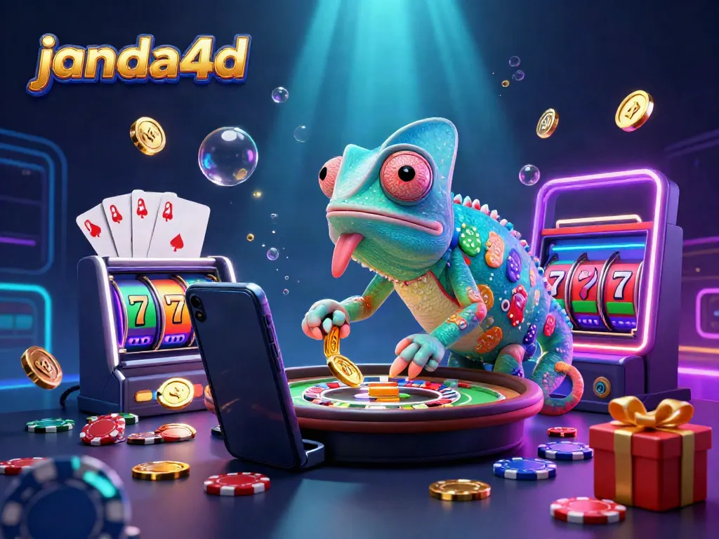 Permainan janda4d yang penuh warna di kasino dengan karakter kadal raksasa dan elemen slot.