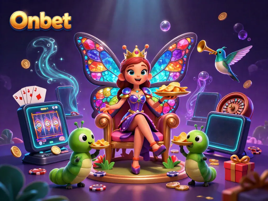 Experience winning on Onbet with vibrant 3D casino elements including a butterfly queen and slot games.