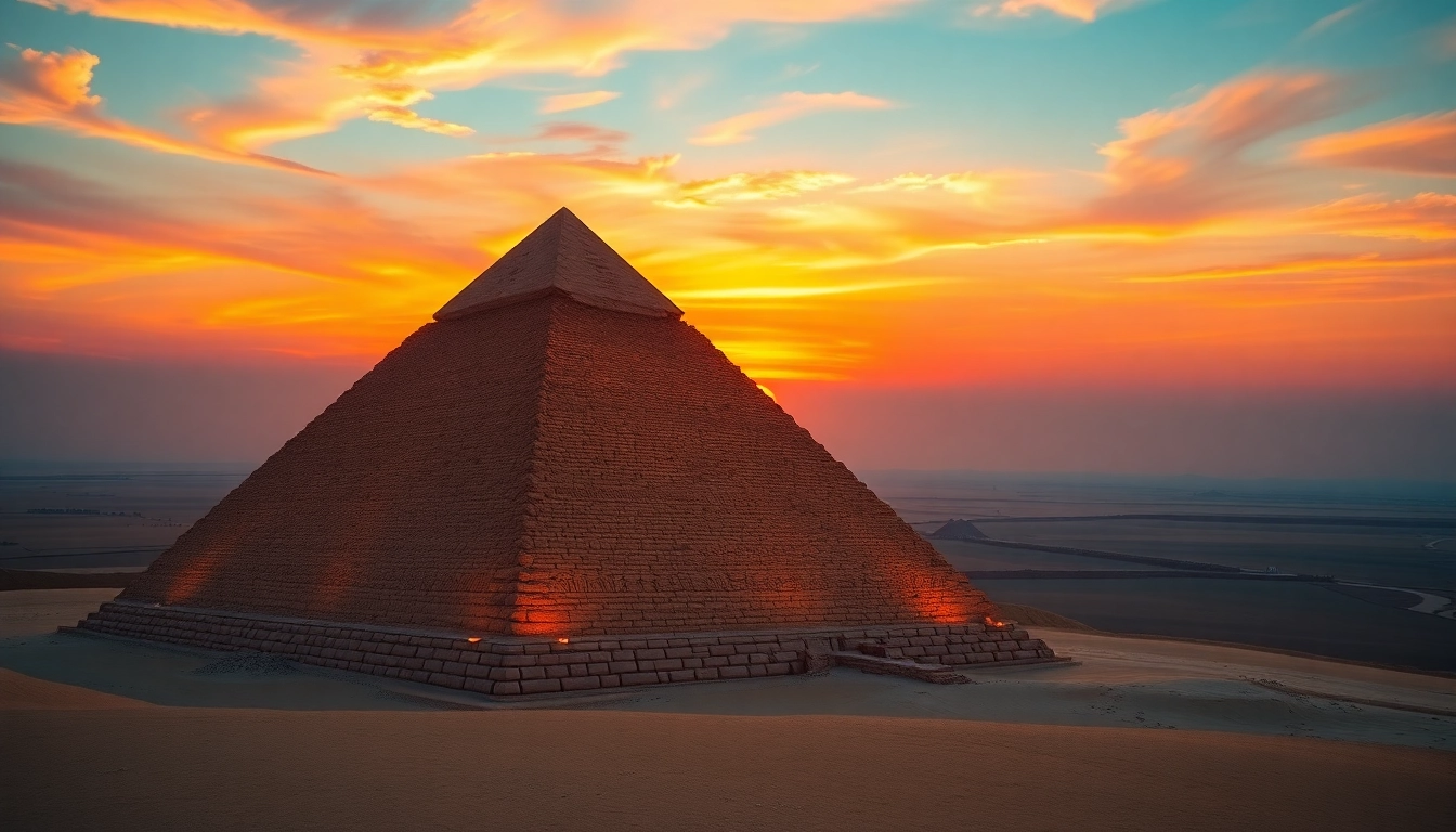 Explore the majestic Great Pyramid of Giza at https://piraminds.com/ during a stunning sunset.