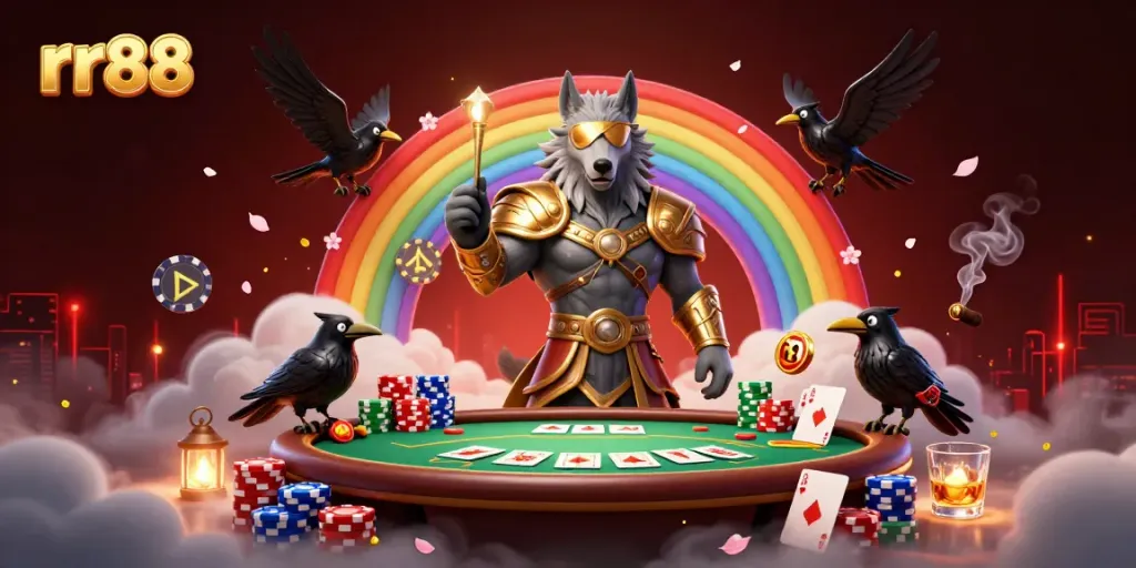 Engage in the thrilling world of rr88 with Odin and his ravens surrounded by colorful casino elements.