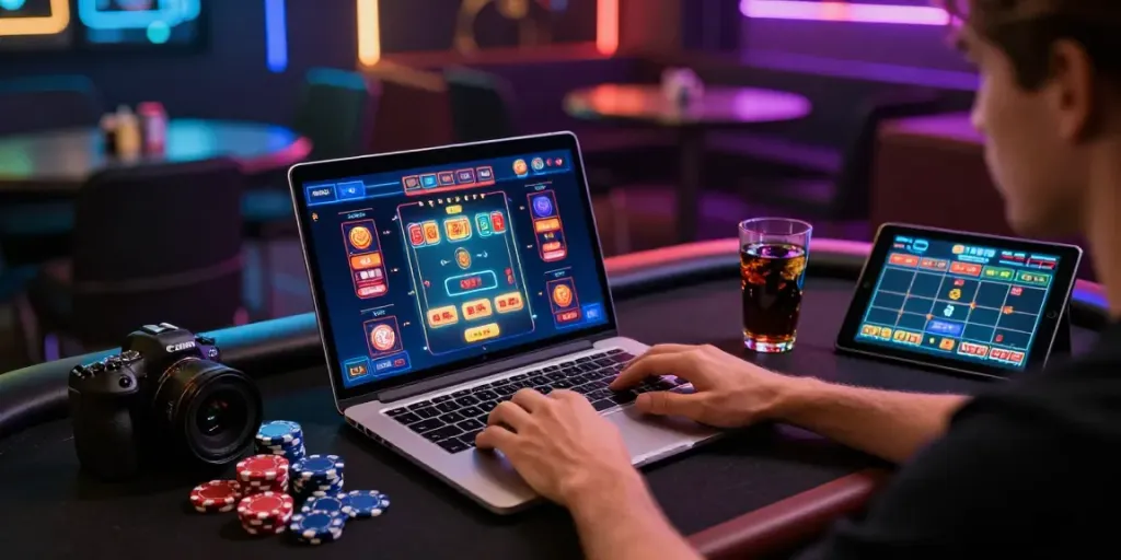 Akunjp online gambling player celebrating their winnings in a vibrant gaming room.