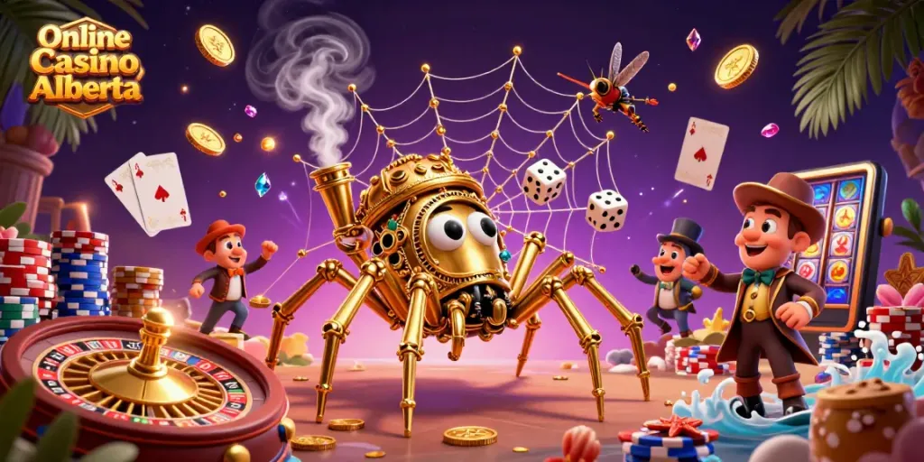 Engage with Online Casino Alberta's fun 3D steampunk illustration featuring golden spider and gambling elements.