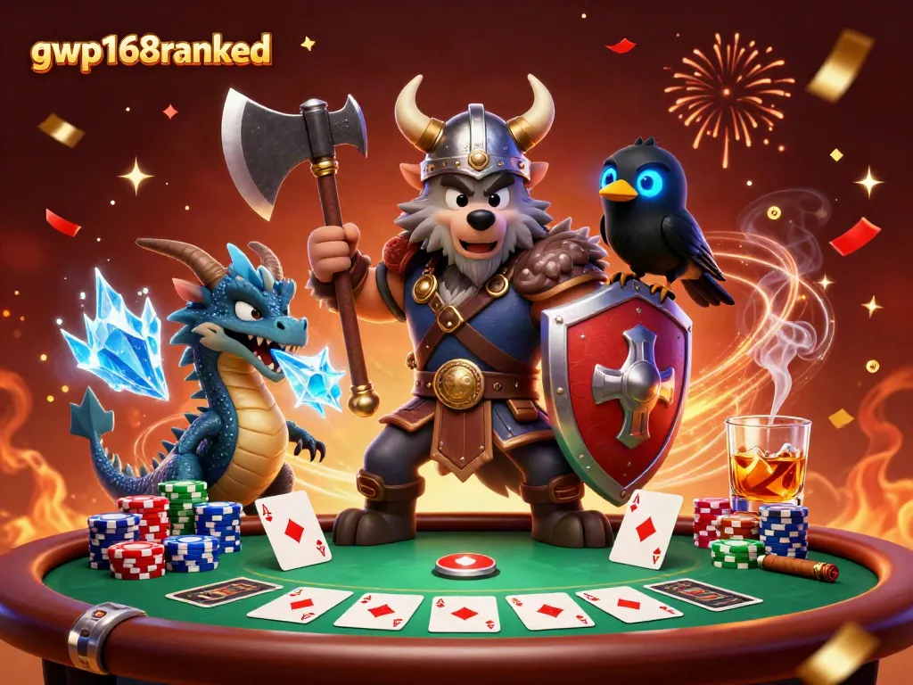 Gambarkan gwp168ranked dengan prajurit serigala Viking, naga, dan elemennya dalam permainan poker.