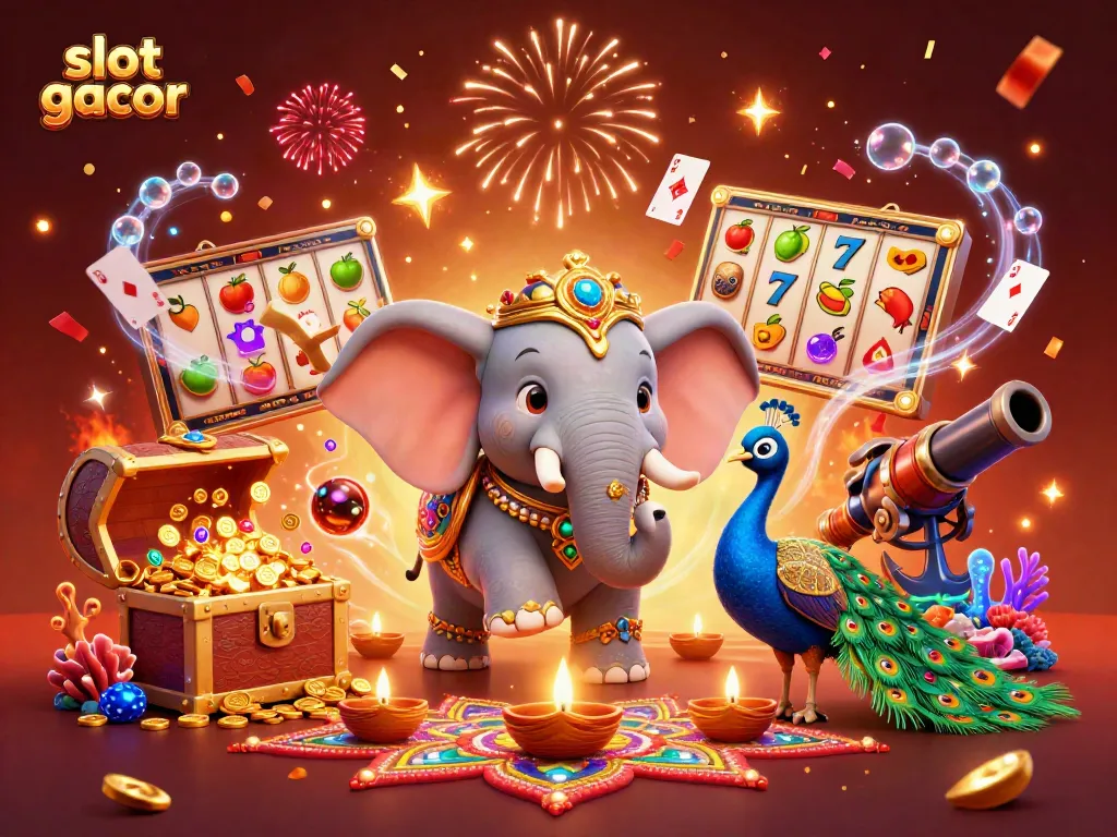 Menghadirkan slot gacor dengan elemen kasino, simbol jackpot berharga, dan karakter menarik dalam suasana bernuansa festif.