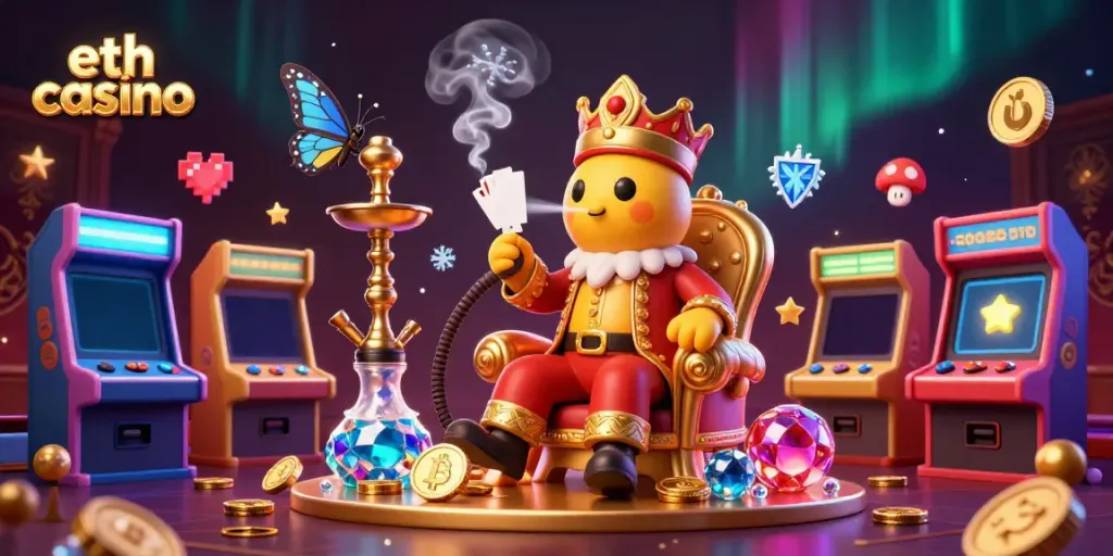 Experience the excitement of eth casino with this vibrant 3D illustration featuring a whimsical caterpillar master and blockchain elements.