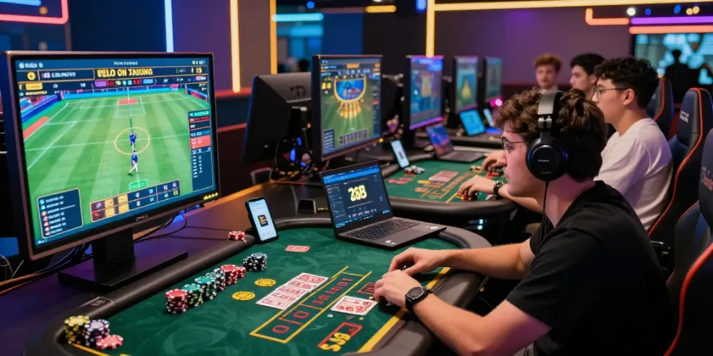 Engaged players enjoying various gaming activities on the lotus365 platform in a vibrant gaming lounge.