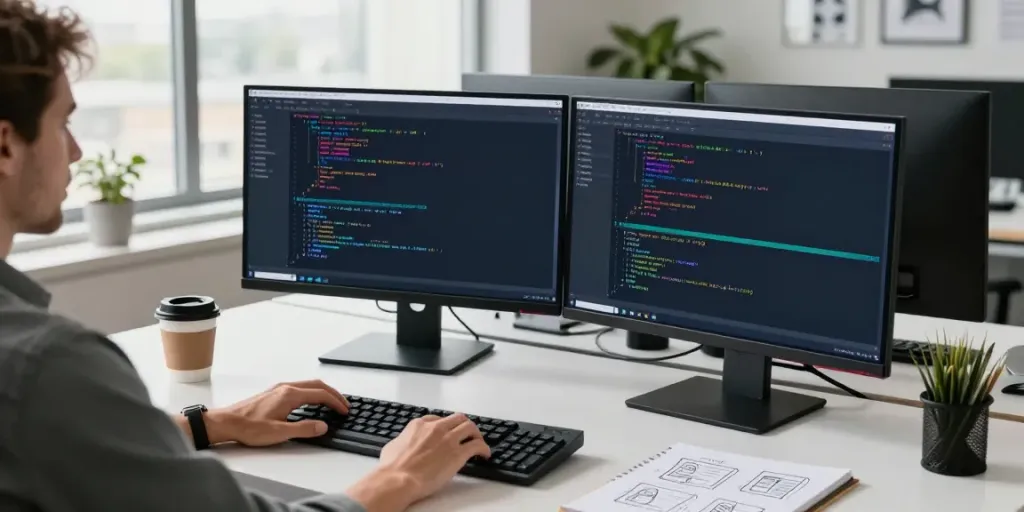 An advanced tech workspace depicting the A80 website development environment with code on screens.