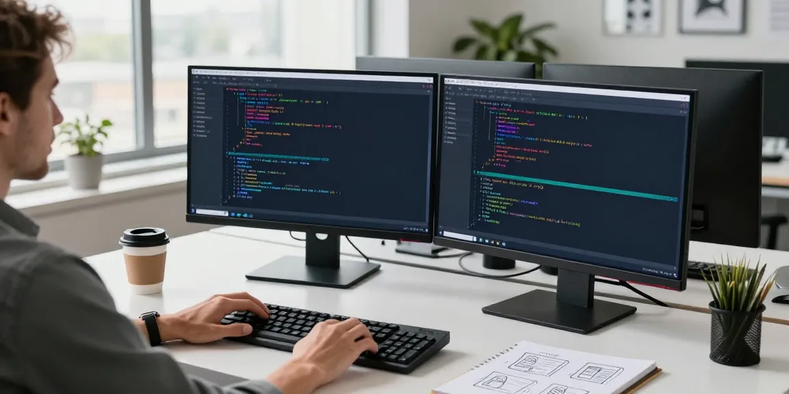 An advanced tech workspace depicting the A80 website development environment with code on screens.