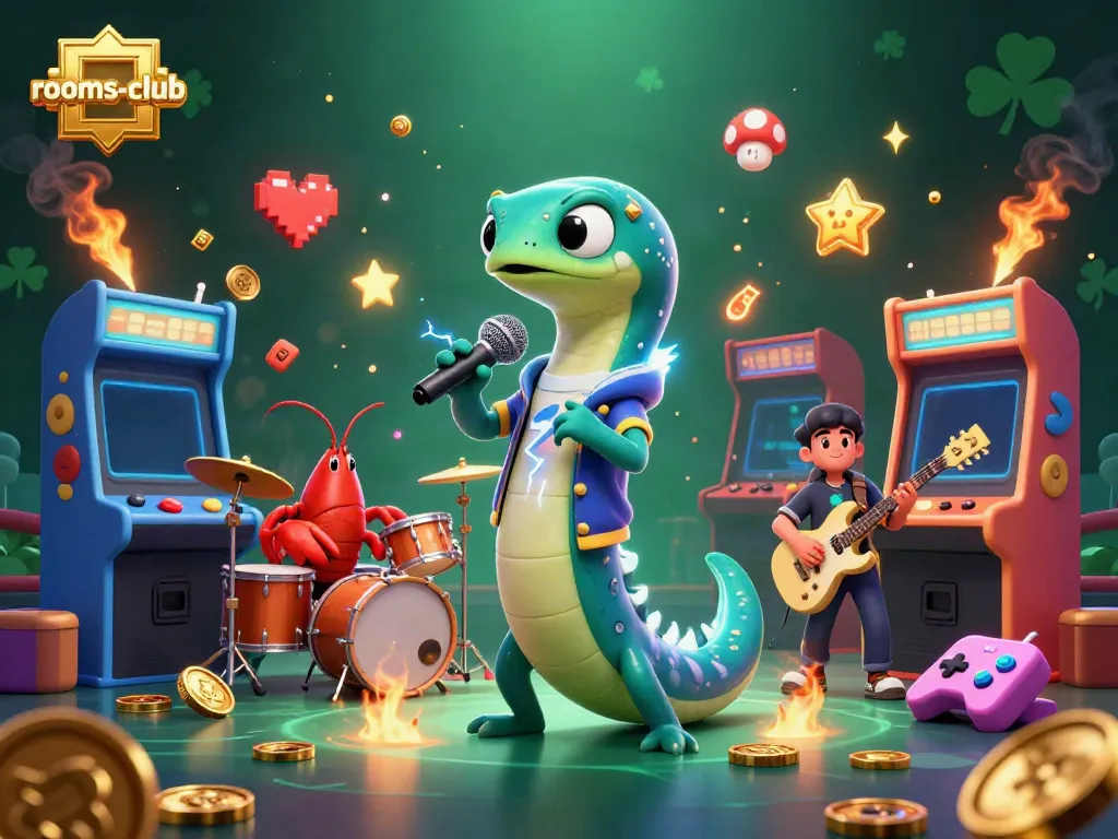 Permainan slot cepat dengan rooms-club menunjukkan listrik dan musik dalam panggung kasino bawah laut.