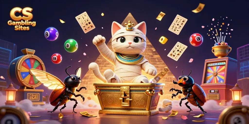 Engage with CS Gambling Sites through a vibrant 3D illustration of a mummy cat and scarab beetle in a dynamic casino scene.