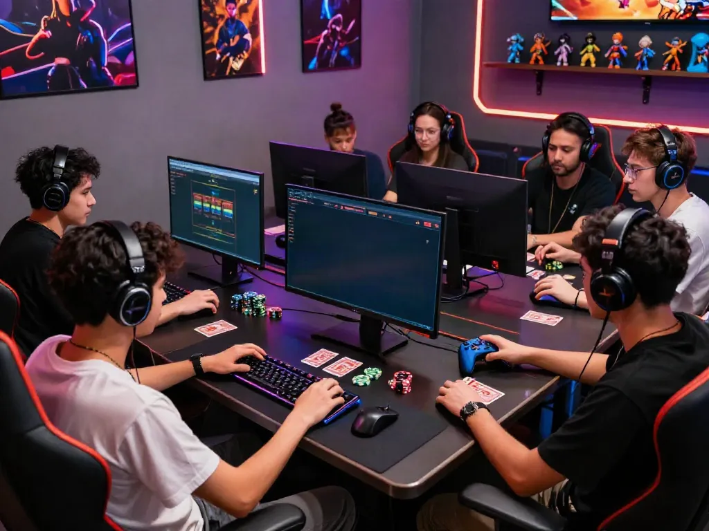 A diverse group playing akunjp online slots in a vibrant gaming lounge.