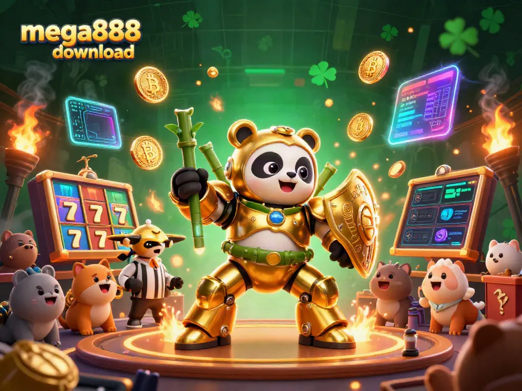 Experience the excitement of mega888 download with a golden panda piloting a robot in a lively casino scene.