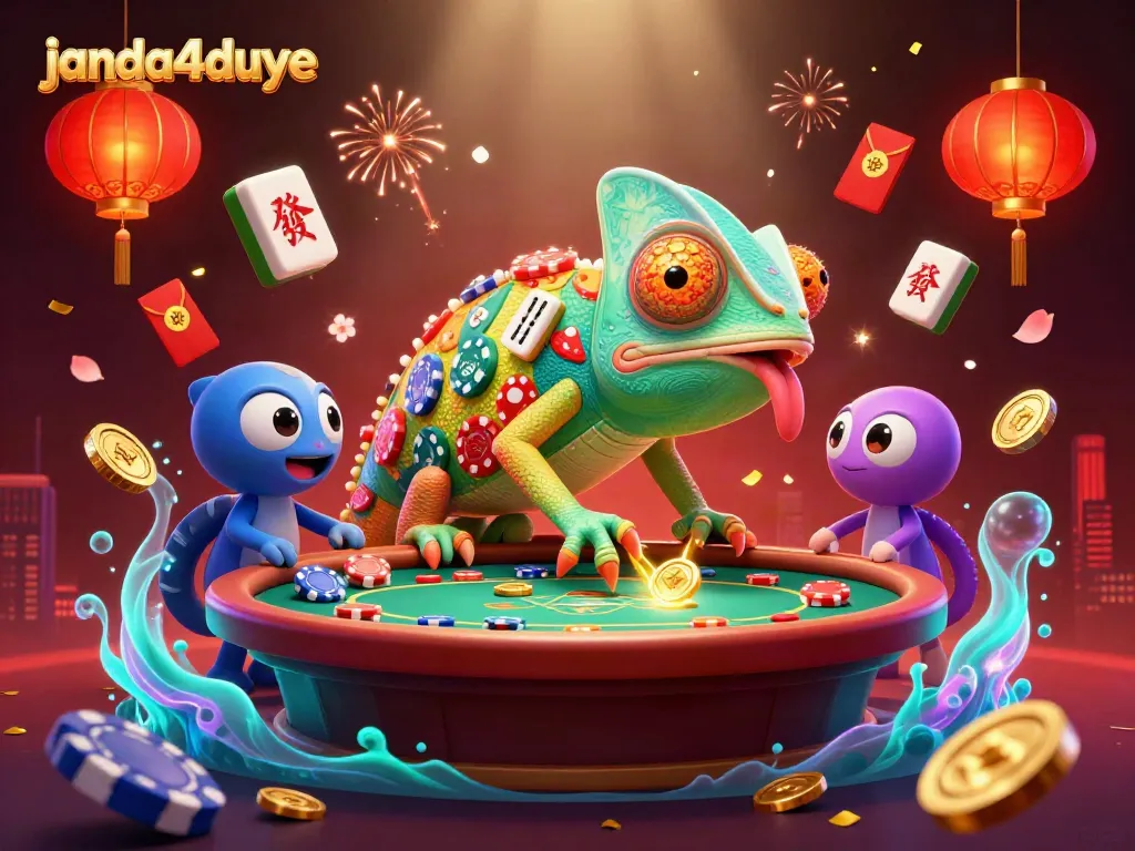 Permainan menarik janda4duye dalam ilustrasi 3D yang meriah dan penuh warna, menampilkan elemen-elemen kasino yang atraktif.