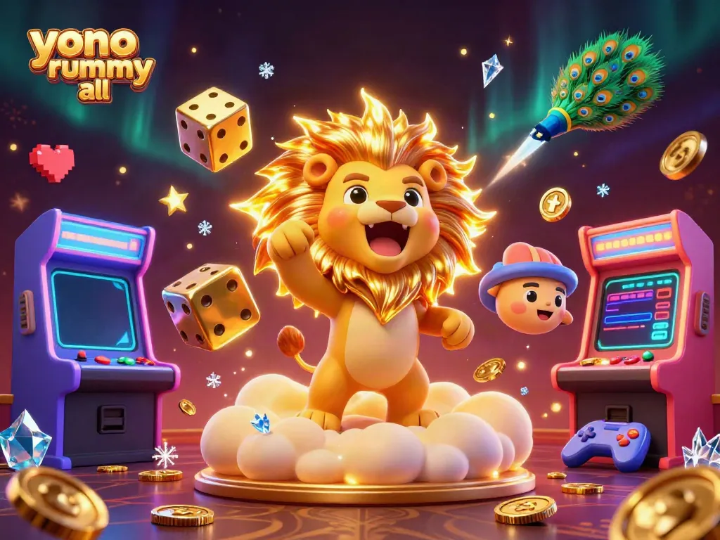 Gambarkan permainan Yono Rummy semua dengan singa matahari dan elemen kasino.