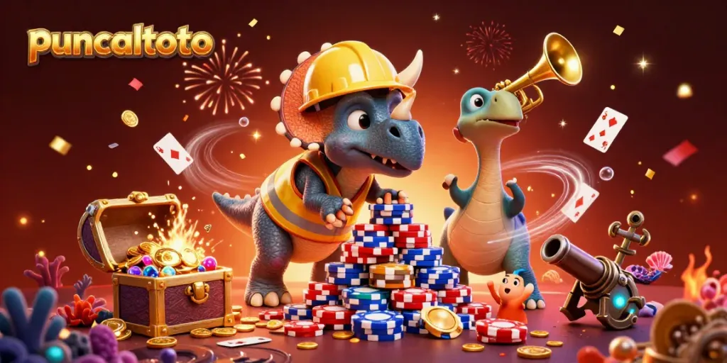 Puncaktoto menghadirkan triceratops membangun chip poker dengan latar belakang penuh kilauan dan kegembiraan.