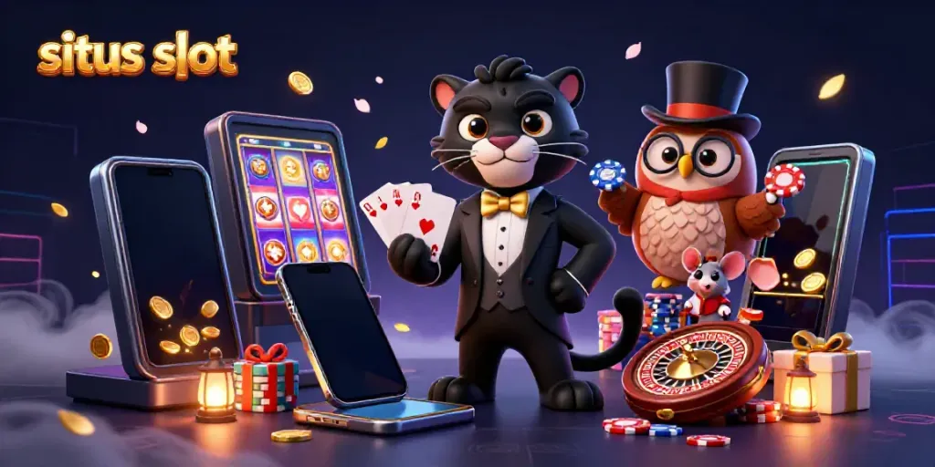Situs slot entertainment scene with cartoon panther, owl, and mouse, rich casino elements.