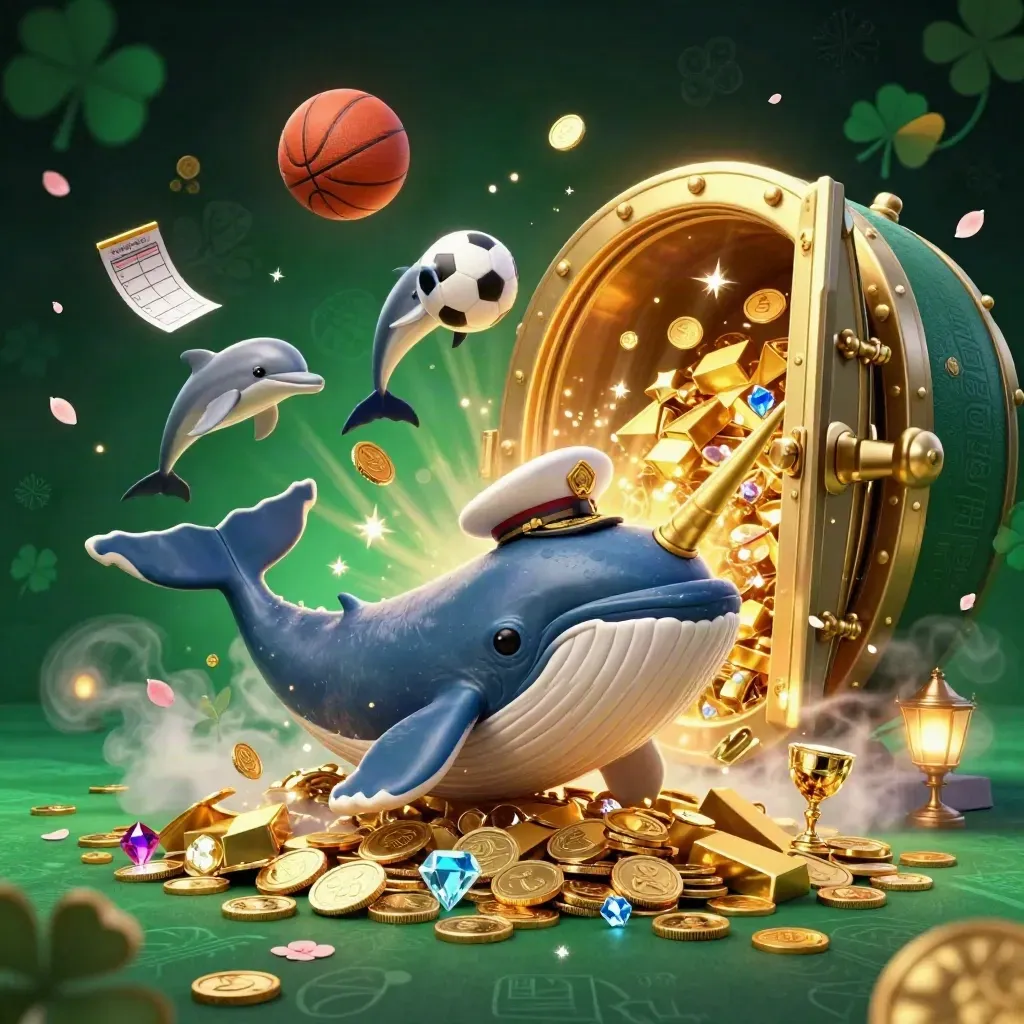 Whale captain, narwhal and dolphins amid coins, vault light, soccer ball and basketball