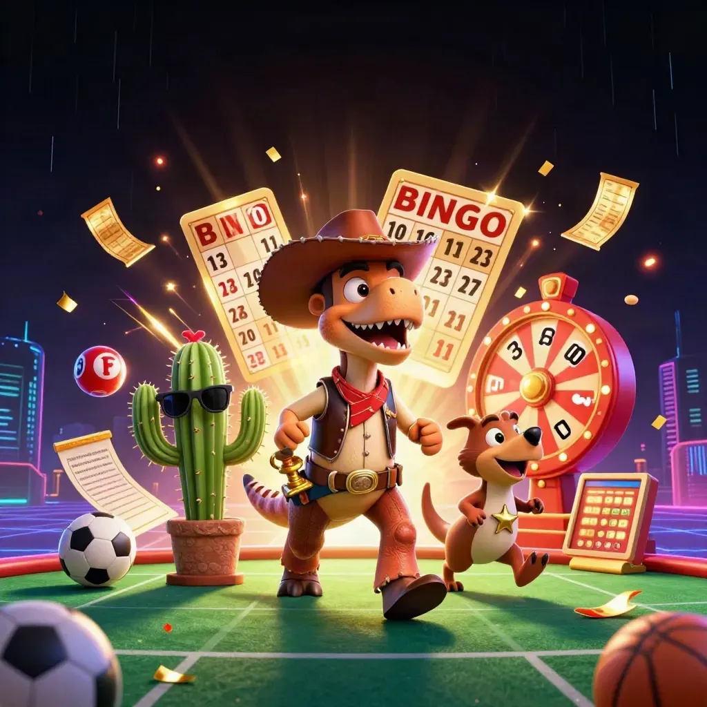 Cartoon cowboy T-Rex trio amid casino game effects, neon-lit and cinematic.