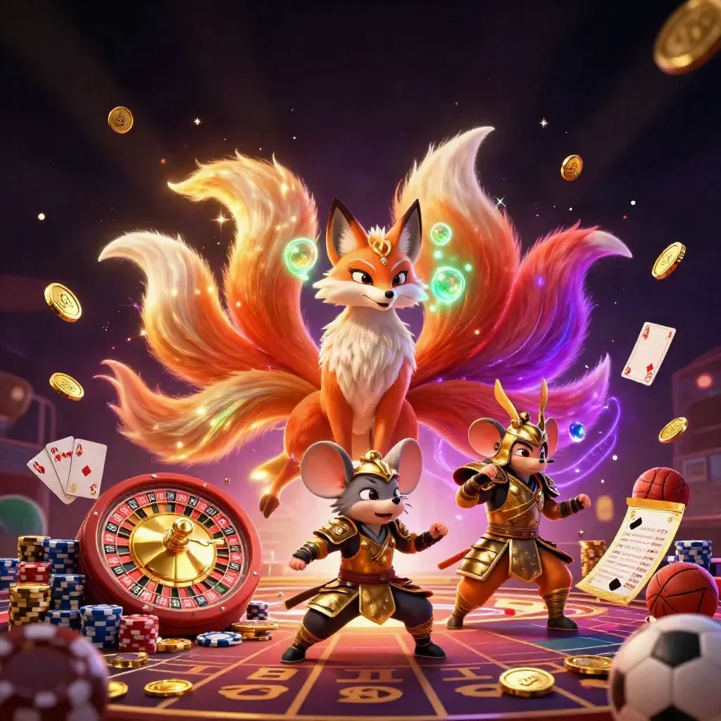 Neon fox spirit and samurai mouse amid casino magic, coins, roulette wheel, chips, gems, and glowing light