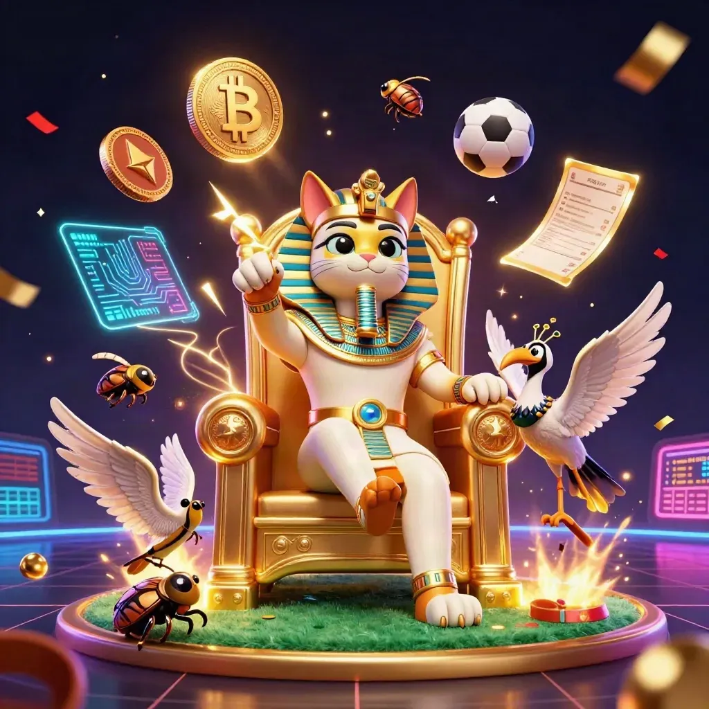 Pharaoh cat, ibis scribe and scarab beetles amid coins, lightning and casino effects