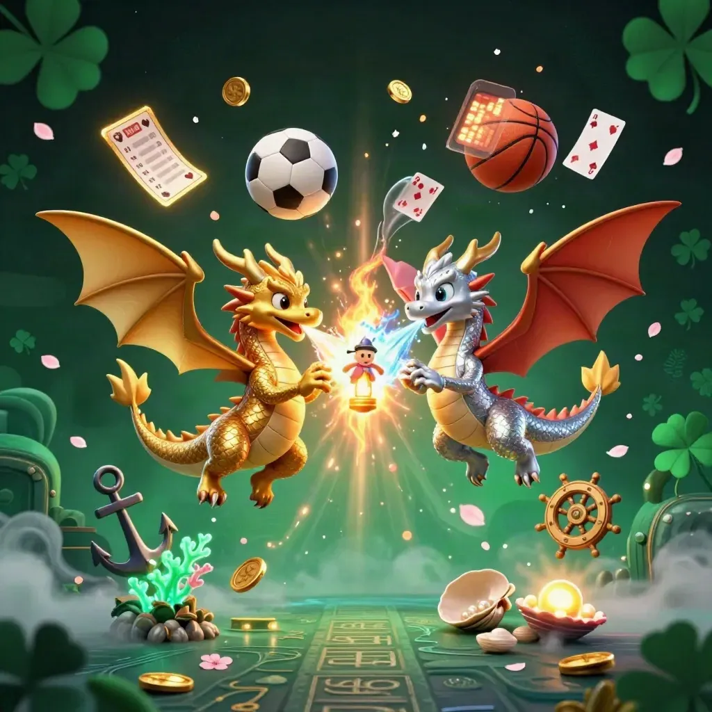 Gold and silver dragons twist over a treasure cove as balls, cards, and coin spray burst around them