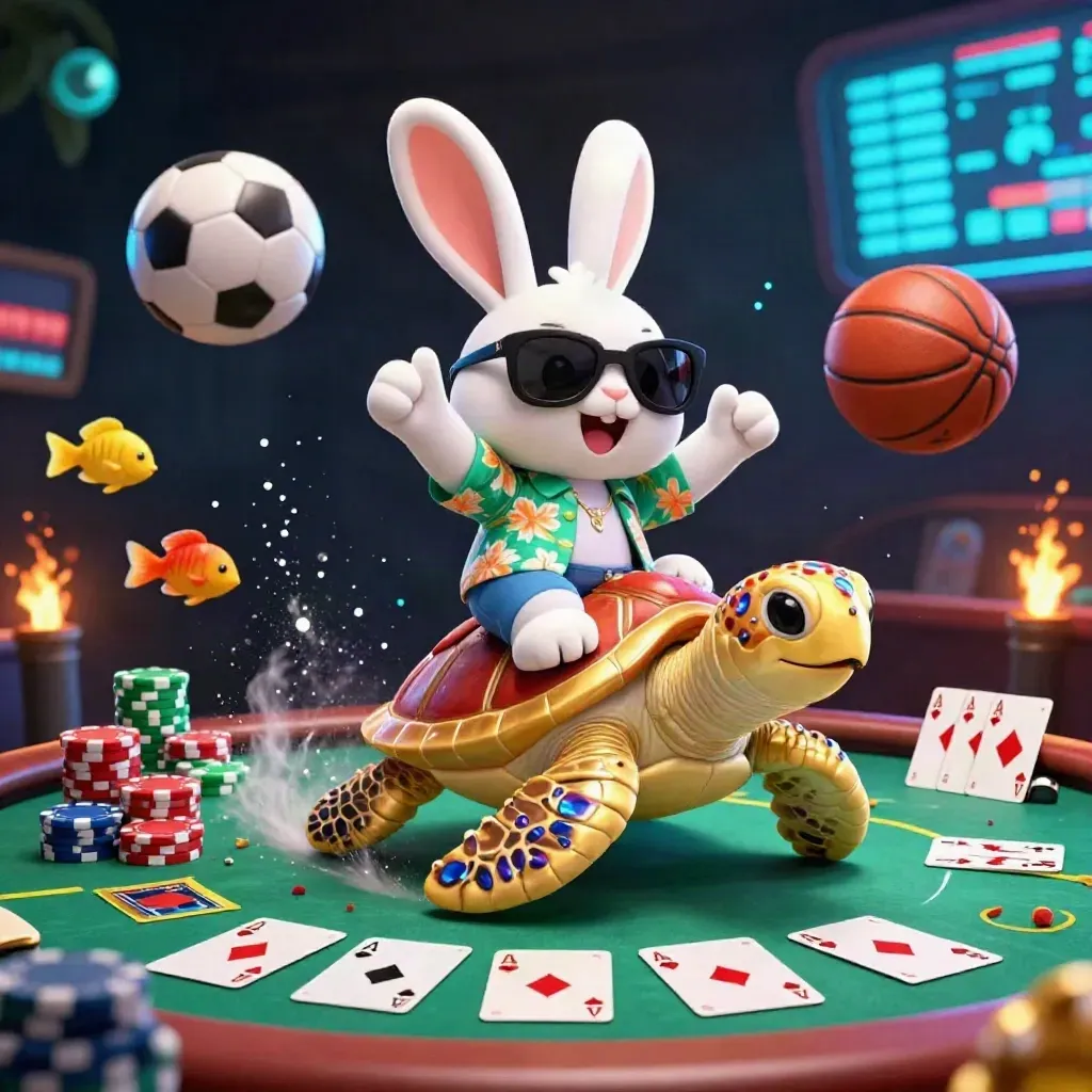 Lucky rabbit on a gem turtle amid chips, cards, balls, sparks, and dark casino light.