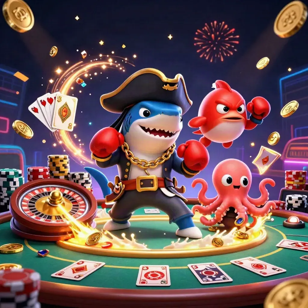 Pirate shark, boxing pufferfish, and coin-juggling octopus in a luxe casino explosion.