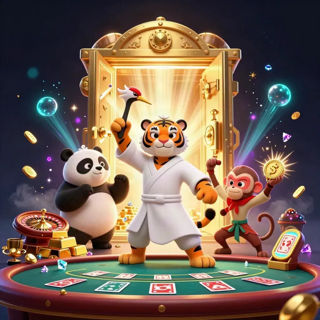 Tiger master, panda disciple and monkey thief amid treasure, casino lights and magical glow.