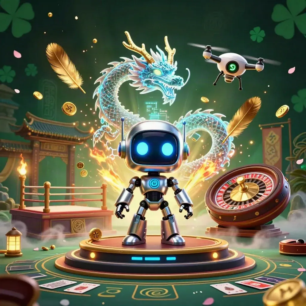 Robot, holographic dragon and drone amid casino mystic props in emerald-gold light.