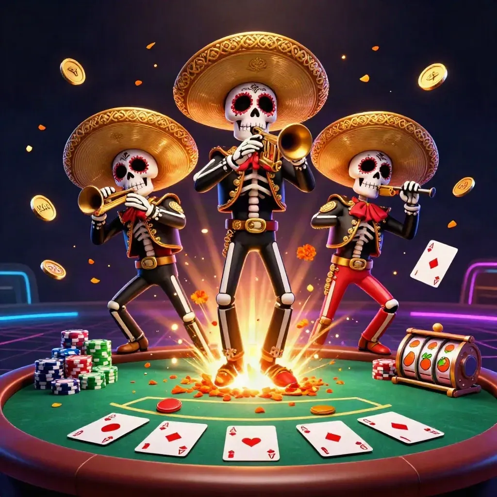 Skeleton mariachi trio amid glowing chips, cards, and neon casino effects