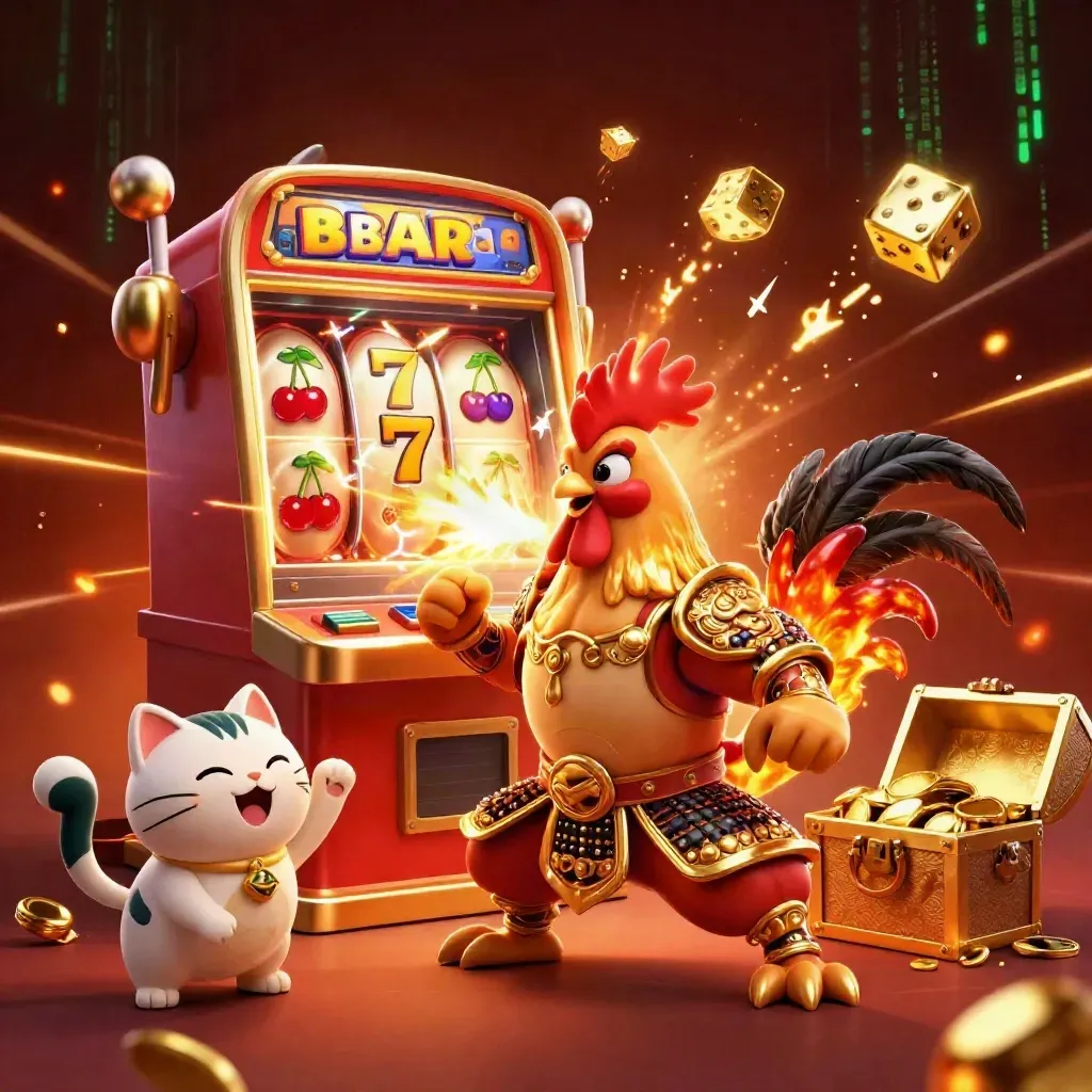 Rooster warrior, dragon hatchling, and fortune-cat amid exploding slot reels, dice, gold, and ember glow.