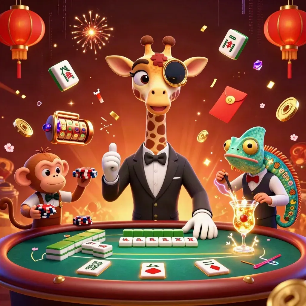 Casino giraffe, monkey valet, and chameleon bartender in a lavish casino chaos scene.