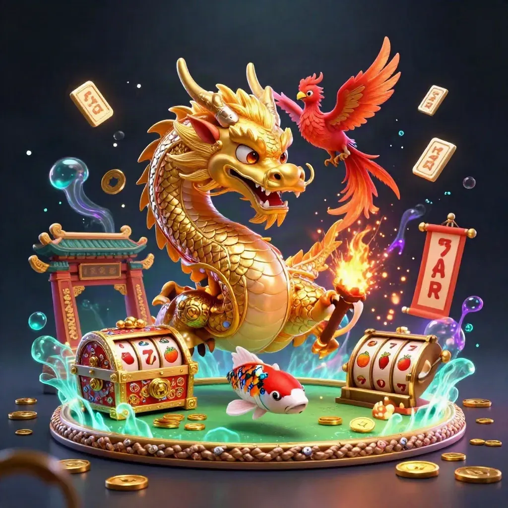 Golden dragon, phoenix, and koi bursting around treasure in a luxe casino fantasy scene.