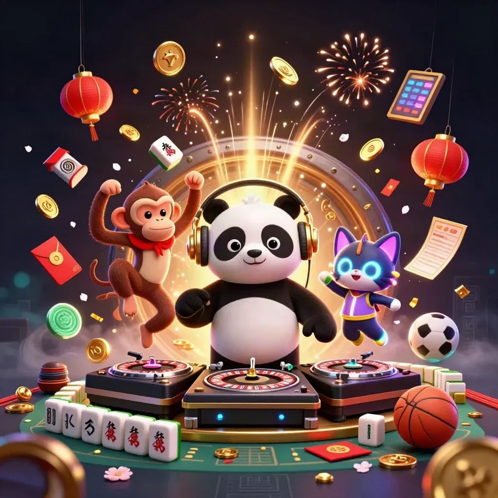 Panda DJ, dancing monkey, and glow-stick kitten in a bursting casino vault with coins and fireworks