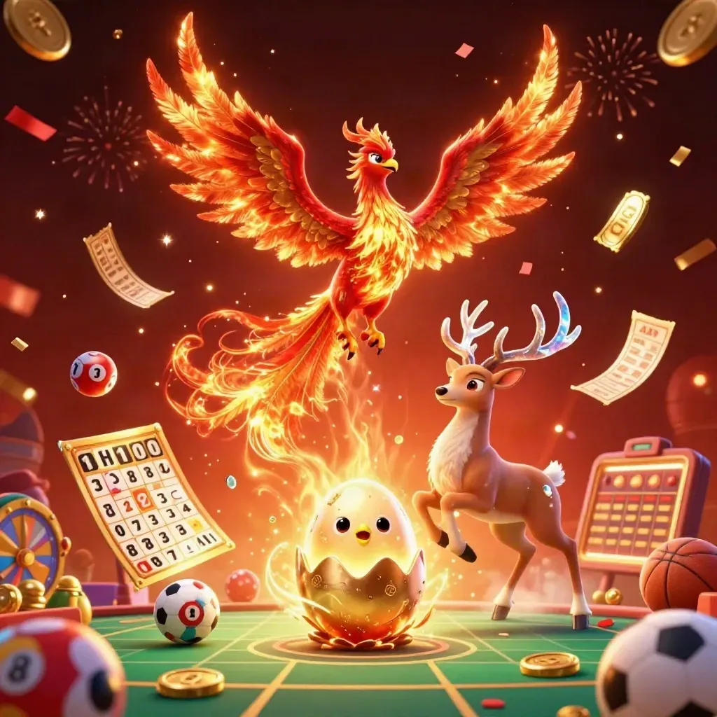 Fire phoenix, baby phoenix, and crystal stag amid casino prizes, coins, fireworks, and confetti.