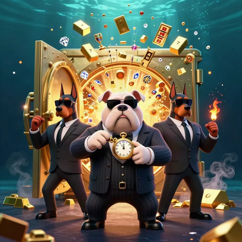 Bulldog crime boss and two Dobermans explode from a golden vault amid casino treasure