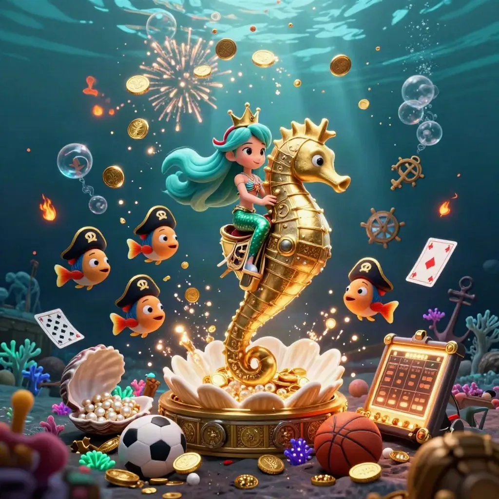 Turquoise-haired mermaid princess rides a gold seahorse through coin storms and fireworks underwater