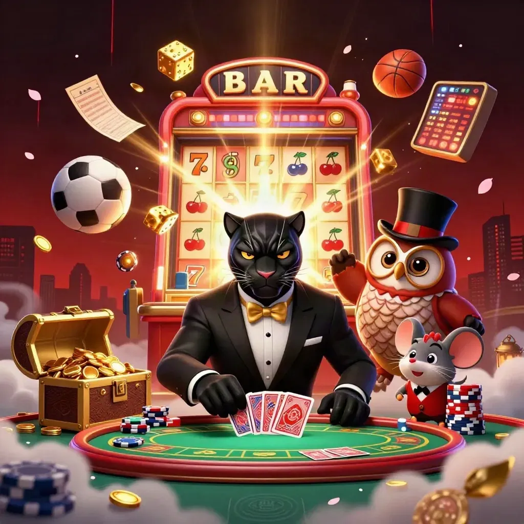Panther, owl, and mouse amid jackpots, gold coins, slot machine burst, and casino lights.