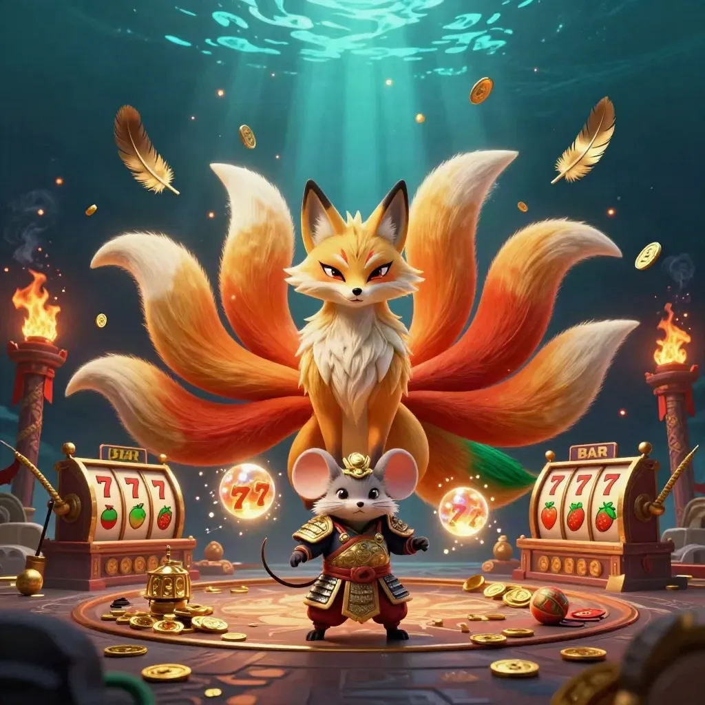 Fox spirit and armored mouse amid casino relics, reels, coins, and torch-lit temple gates