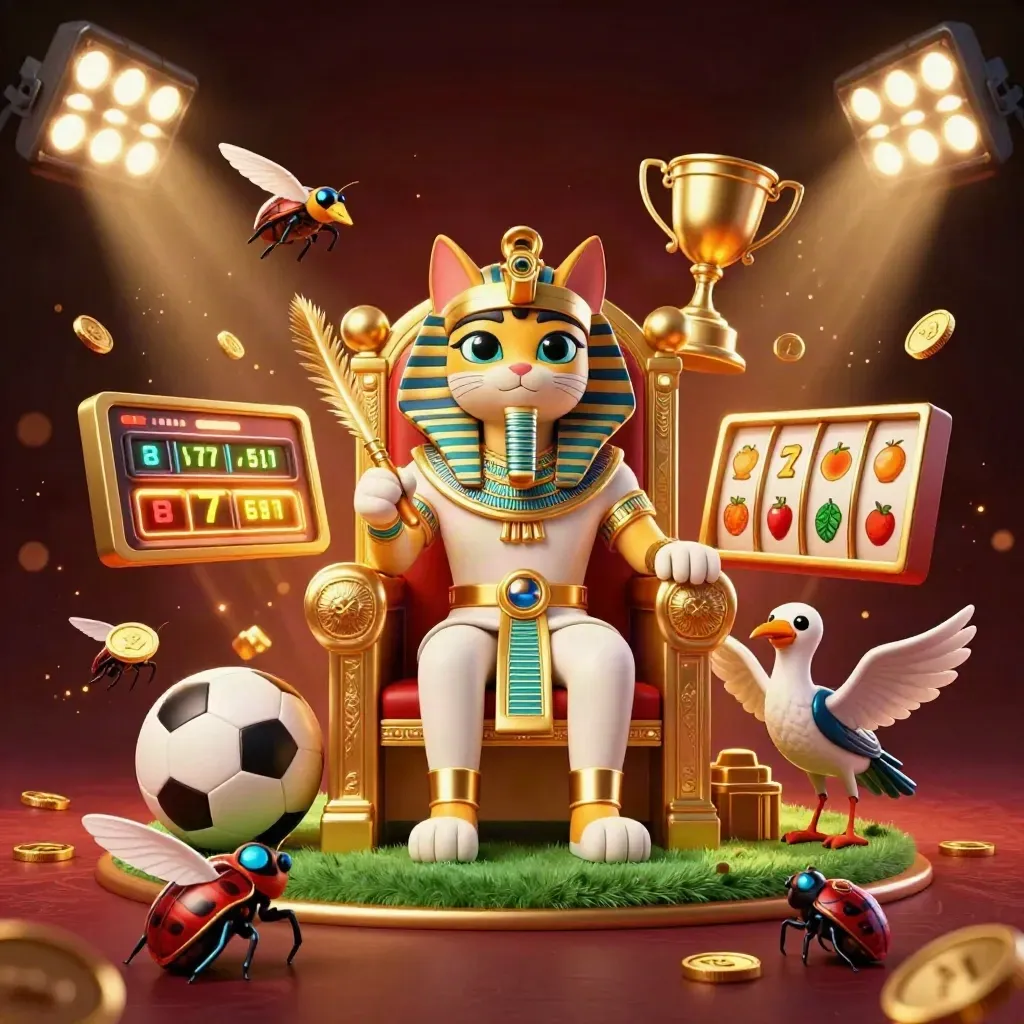 Golden pharaoh cat, ibis scribe, scarabs and casino icons in a luxe dark casino burst.