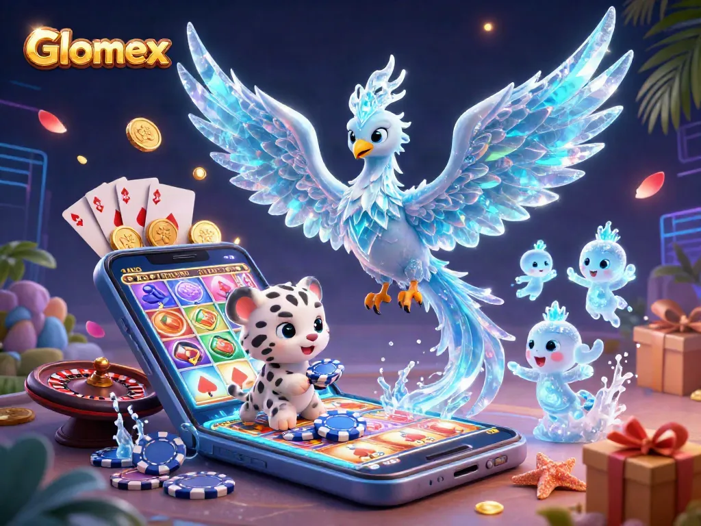 Engage with Glomex's vibrant casino scene featuring an ice phoenix, poker chip, and casino elements.